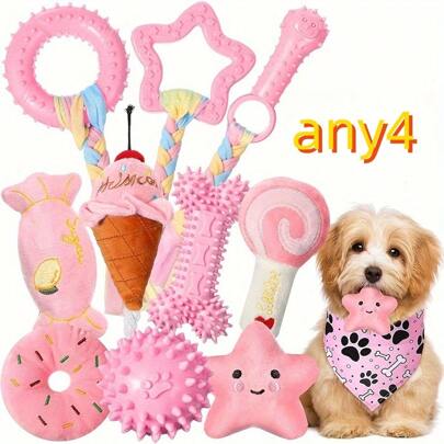 4 peças/conjunto TPR e brinquedos de mastigação de pelúcia que rangem para cães pequenos, conjunto de brinquedos de treinamento de filhotes de cachorro de saúde dentária interativa