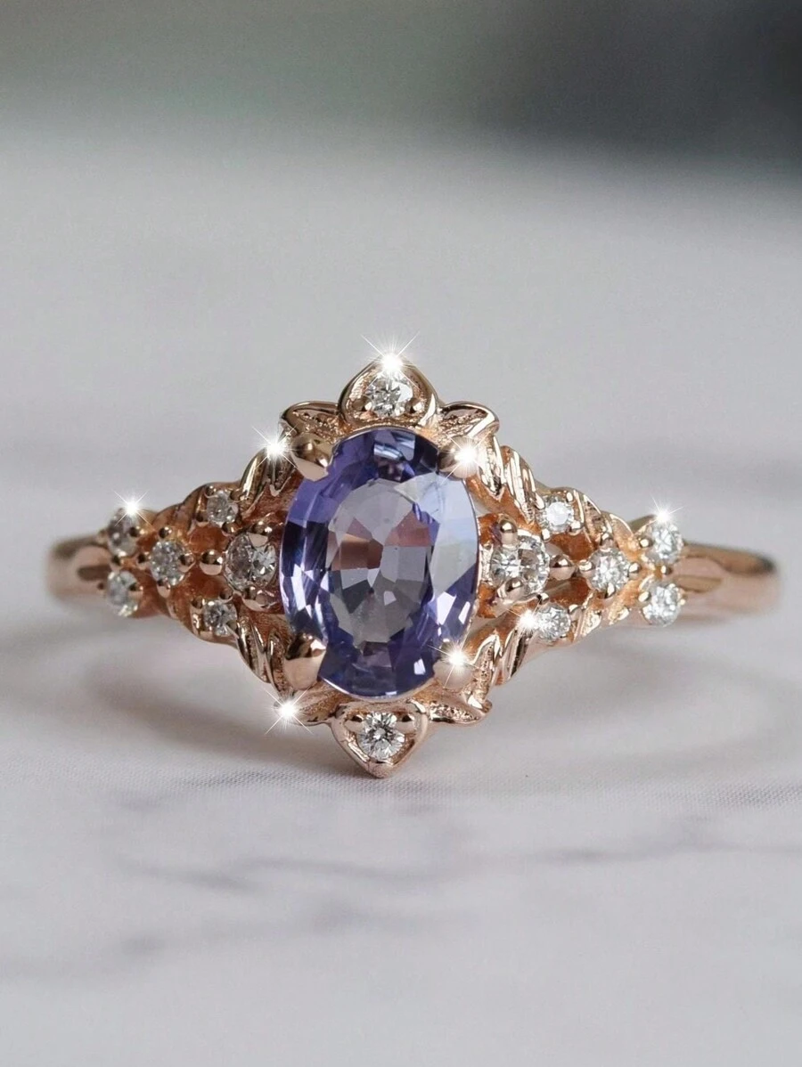 1 件优雅闪亮叶镶嵌紫色戒指，适合婚礼、订婚、日常佩戴、送给家人/朋友/爱人的礼物， - 紫色 - 查看 1