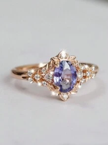 1 件优雅闪亮叶镶嵌紫色戒指，适合婚礼、订婚、日常佩戴、送给家人/朋友/爱人的礼物， - 紫色 - 查看 3