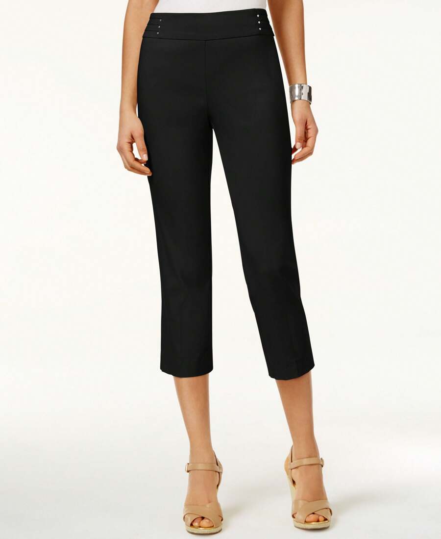 JM Collection Petite Rivet Detail Tummy Control Capri Pants - Black - View 1