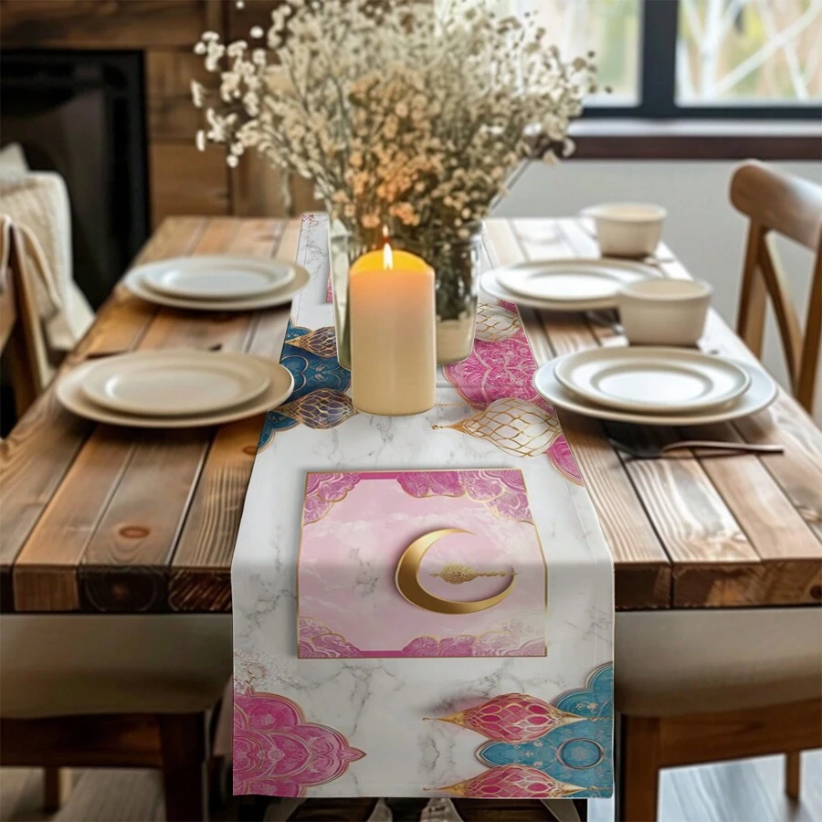 1/4 件斋月吉祥大理石粉红月亮与几何图案桌旗和餐垫套装、开斋节节日餐桌装饰面料、斋月装饰品、礼物、桌旗和餐垫套装，适合室内和室外庆祝活动、季节性派对配件、厨房餐桌装饰、派对餐桌装饰、居家房间桌旗