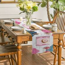 1/4 件斋月吉祥大理石粉红月亮与几何图案桌旗和餐垫套装、开斋节节日餐桌装饰面料、斋月装饰品、礼物、桌旗和餐垫套装，适合室内和室外庆祝活动、季节性派对配件、厨房餐桌装饰、派对餐桌装饰、居家房间桌旗