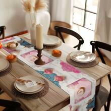 1/4 件斋月吉祥大理石粉红月亮与几何图案桌旗和餐垫套装、开斋节节日餐桌装饰面料、斋月装饰品、礼物、桌旗和餐垫套装，适合室内和室外庆祝活动、季节性派对配件、厨房餐桌装饰、派对餐桌装饰、居家房间桌旗