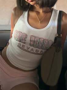 Women Y2K Rhinestone Letter Tank Tops Summer Round Neck Vests Casual Sleeveless Tops Slim Cami Tops Streetwear