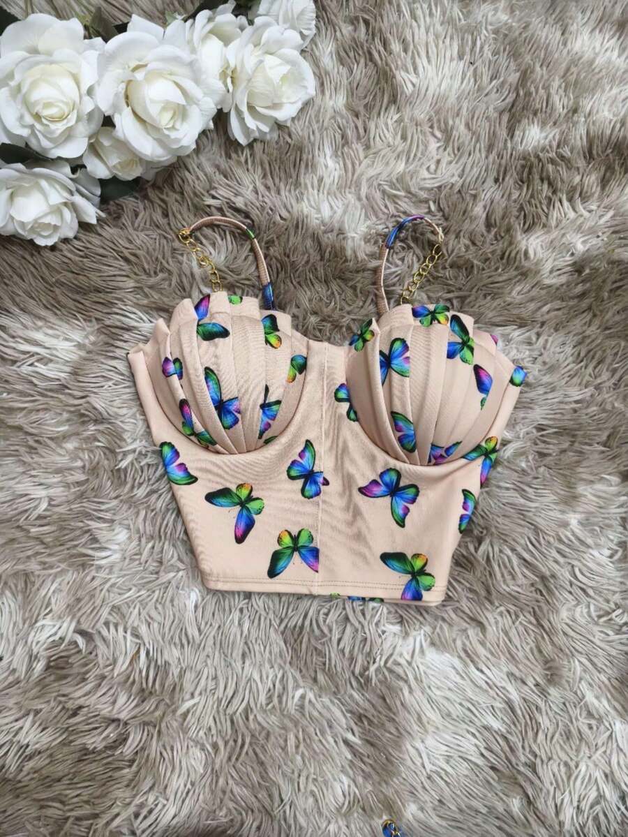 Cropped Top Blouse Thin Strap Chain With Mermaid Bra Fashion Blogger Retro Summer Party Beach Neoprene Suplex Strappy - Jahe - View 1