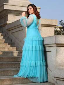 LONG DRESS FOR WEDDING BRIDESMAID TULLE LAYERS LONG SLEEVES - Blue - View 2