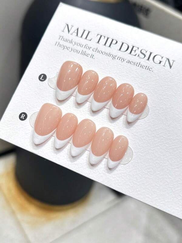 10 قطعة/مجموعة أظافر مصنوعة يدويًا بشكل لوز، طراز بسيط، طرف فرنسي أبيض مرسوم باليد على سرير الأظافر بلون عاري، أظافر اصطناعية أكريليك عالية الجودة، مناسبة للنساء والفتيات للاستخدام اليومي، مع ملحقات الأظافر والمستلزمات