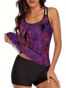 Womens Two Piece Bikini Set Printing Suspender Tops And Solid Color High Waist Shorts - Purple - View 1