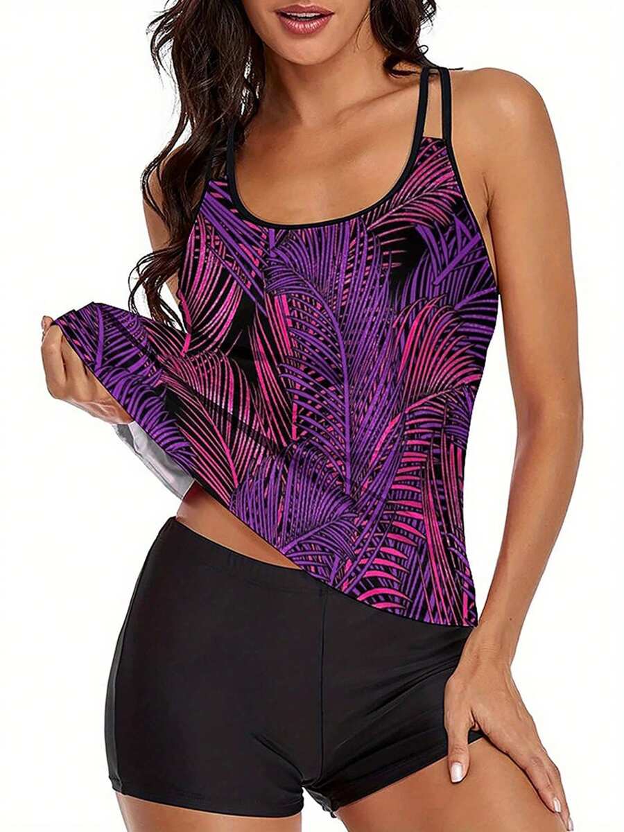 Womens Two Piece Bikini Set Printing Suspender Tops And Solid Color High Waist Shorts - Purple - View 1