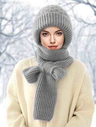 1pc Knitted Beanie Hat With Scarf, Thick Warm Plush Fabric, Bow Design, Suitable For Outdoor Travel, Random Color Delivery, Autumn/Winter