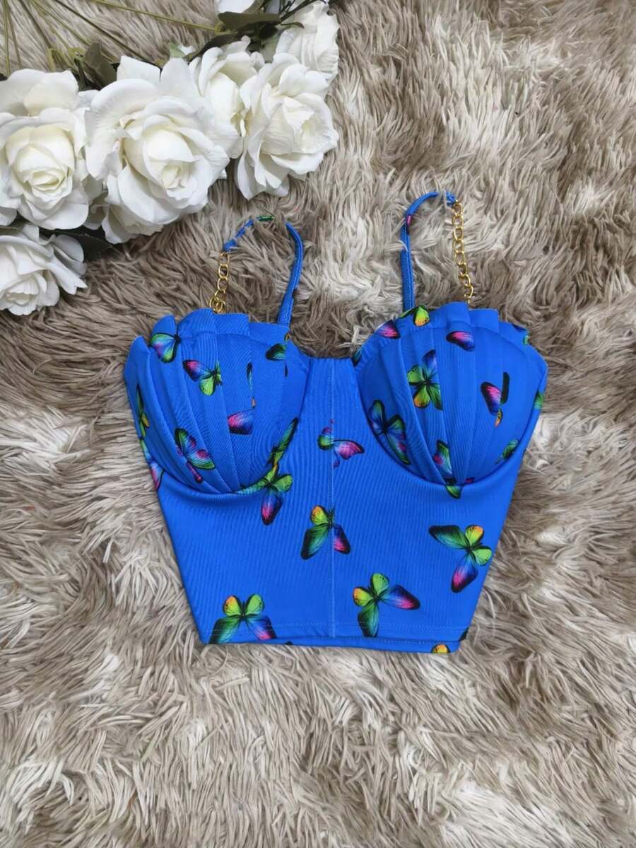 Cropped Top Blouse Thin Strap Chain With Mermaid Bra Fashion Blogger Retro Summer Party Beach Neoprene Suplex Strappy - 寶藍色 - 查看 1