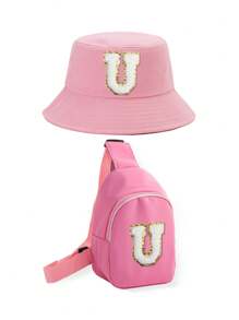2pcs/Set Kids 26 Letters Bucket Hat And Bag Set, Suitable For Boys And Girls Casual Outings In Spring & Autumn - Pink - View 15