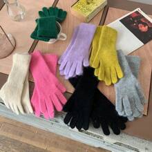 2024 Guantes elásticos de dedos completos para mujeres, guantes largos de lana de conejo, manoplas de invierno para mujeres, manoplas de color sólido, guantes gruesos y cálidos - Gris - Ver 2