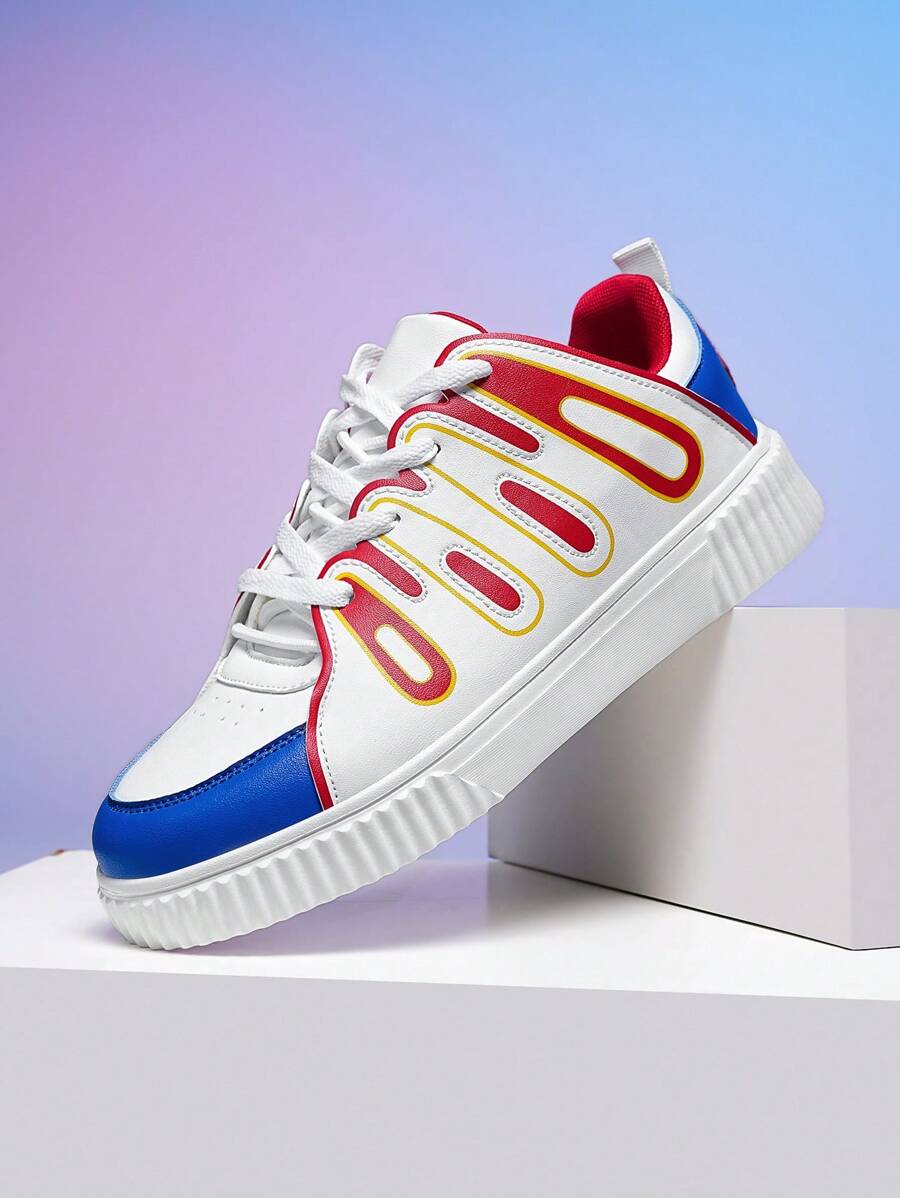 Men's Casual Comfortable Non-Slip Flat Round Toe Leather Low-Top Lace-Up Lightweight Breathable Outdoor Cargo Style Fashion Sneakers, Spring & Autumn - White Black Gray - View 1