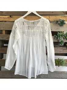 Women's Long Sleeve Pure Tops Lace Patchwork V Neck Lace-Up Top Clothes - White - View 3