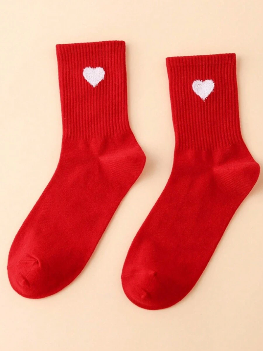 1/3/5 Pairs Heart Pattern Crew Socks - Red - View 1