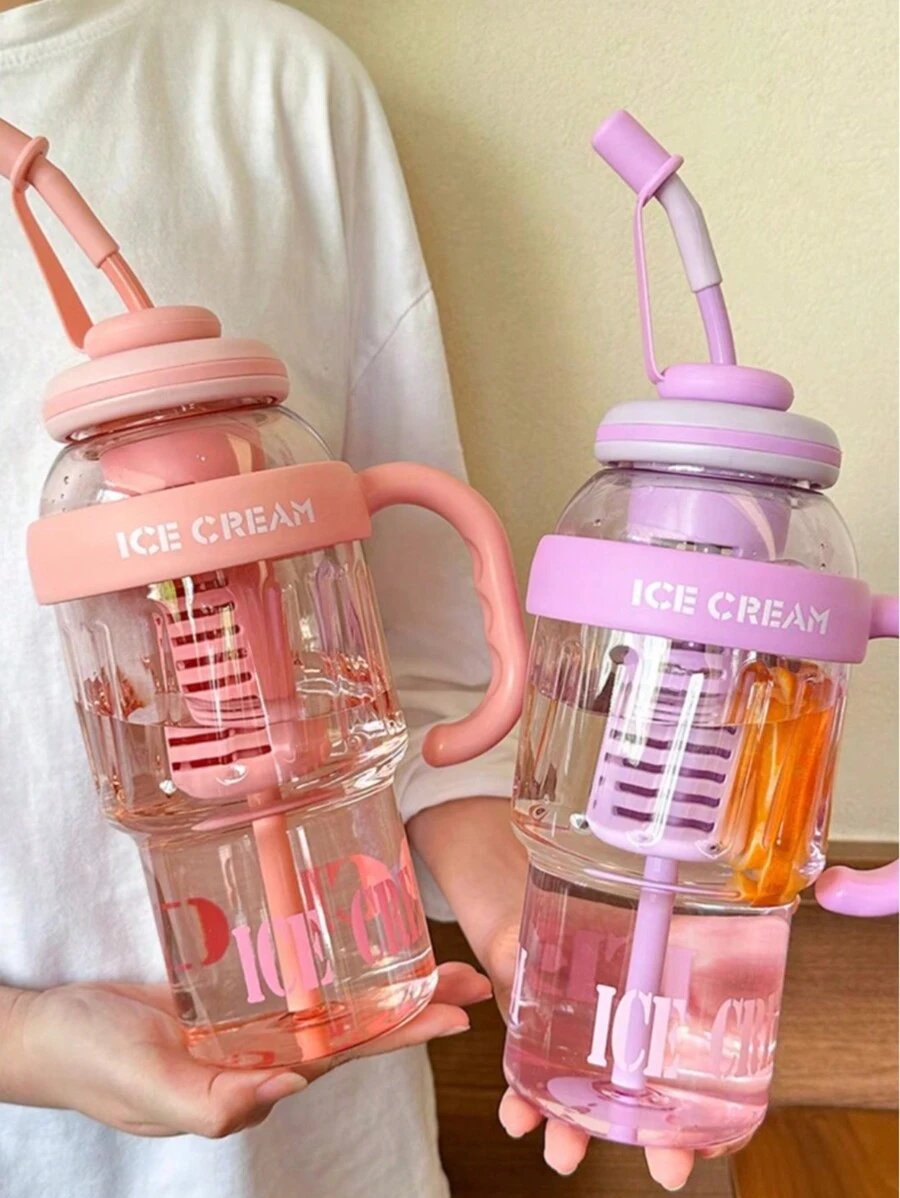 Large Silicone Water Bottle With Straw 1350ml Capacity With Portable Filter Plastic Bottle With Straw And Handle - 乾枯玫瑰色 - 查看 1