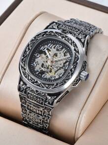 LONGLUX 1pc Men's Hollow Automatic Mechanical Movement Engraved Vintage Numeric Scale Waterproof Watch