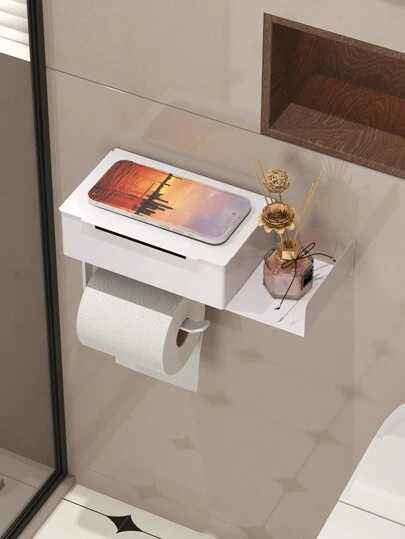 1个壁挂式卫生纸架，白色/黑色，免钻孔卫生纸卷分配器，带手机支架的纸巾盒，现代浴室配件，浴室用品，浴室工具