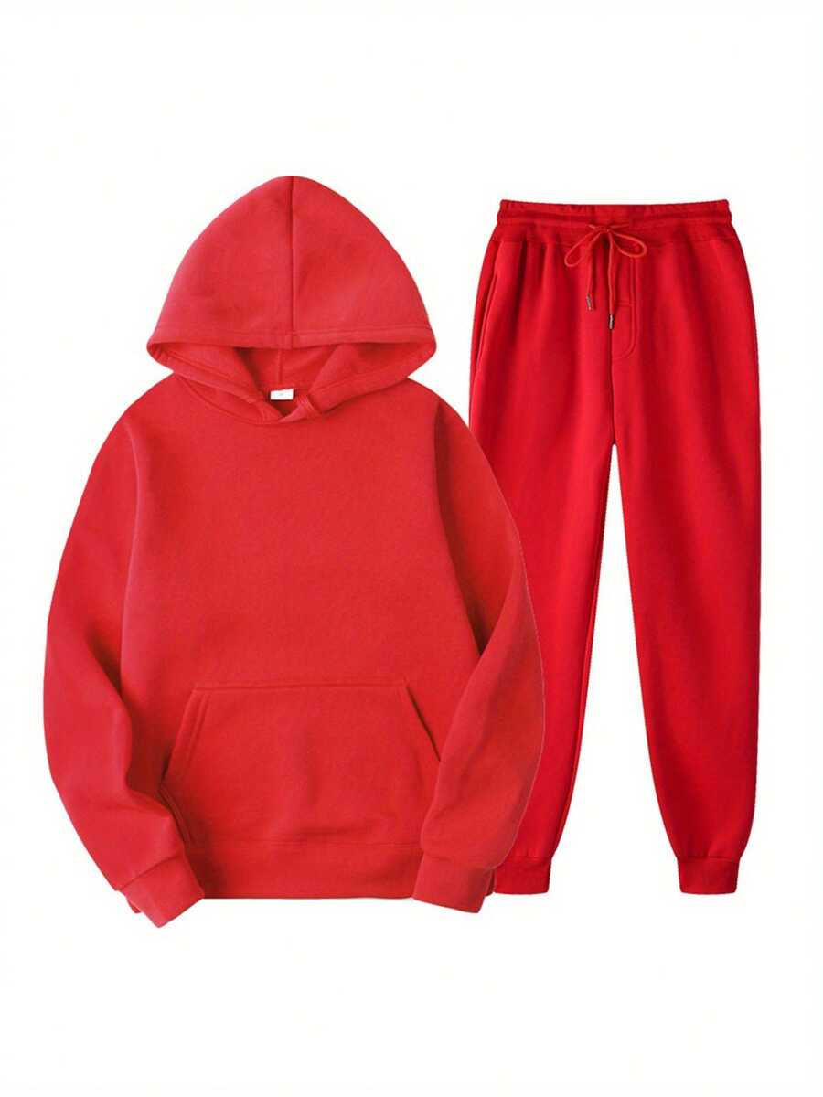 2Pcs Womens Spring Fall Sportswear Solid Color Hooded Long Sleeves Sweatshirt Drawstring Slacks Set Streetwear - 紅色 - 查看 1