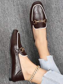 Women's Color Blocking Metal Chain Decor Square Toe Flats, French Style Comfortable Soft Leather Casual Oxfords, Brown
