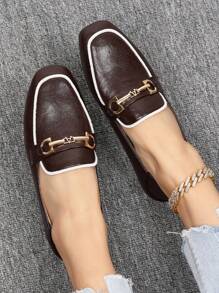 Women's Color Blocking Metal Chain Decor Square Toe Flats, French Style Comfortable Soft Leather Casual Oxfords, Brown