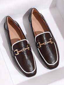 Women's Color Blocking Metal Chain Decor Square Toe Flats, French Style Comfortable Soft Leather Casual Oxfords, Brown