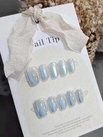 Monina 10pcs Premium Quality Handmade Nail Tips, Icy Blue Pearlescent Cat Eye Nail Design, Stylish Light Color Series Porcelain White