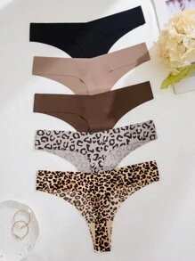 5pcs Pack Women's Sexy & Comfortable Leopard Print Thong Panties - Multicolor - View 2