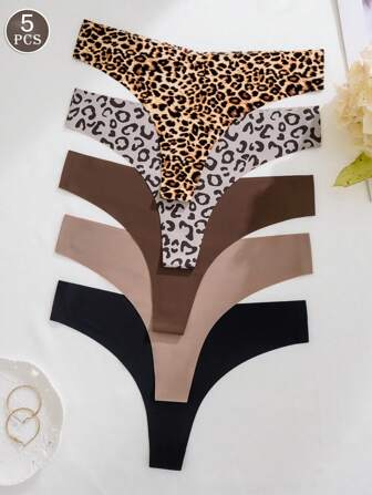 5pcs Pack Women's Sexy & Comfortable Leopard Print Thong Panties