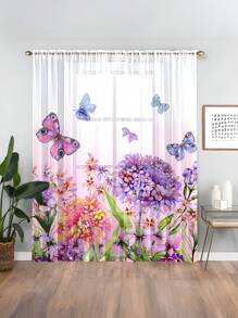 1st Bloemen Plant & Vlinder Print Transparant Gordijn, Machine Wasbaar, Met Roede Zak, Voor Slaapkamer, Kantoor, Keuken, Woonkamer, Studeerkamer, Woondecoratie