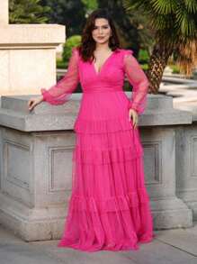 LONG DRESS FOR WEDDING BRIDESMAID TULLE LAYERS LONG SLEEVES - Hot Pink - View 1