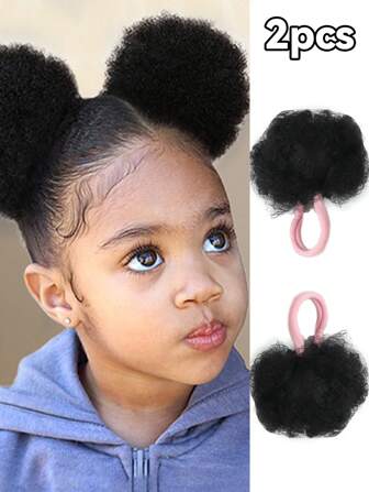 Kid's 2pcs Kid Ponytail Double Afro Puffs Kinky Curly Hair Bun For Kid's Age 0-5 Natural Black Synthetic Wigs Suitable For Daily Wear And Birthday Parties