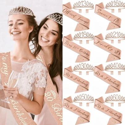 2pcs/Set Sparkling Rhinestone Birthday Decorations For Women Aged 3th 4th 5th, 6th, 7th, 8th, 9th, 10th, 13th, 15th 16th, 18th 21th, 25th 30th 35th 40th 45th 50th 55th 60th 65th 70th 80th Including Birthday Crown And Belt Ribbon Sash . Birthday Party Supplies, Women's Birthday Gifts For Rose Gold) It's My Birthday Headband Hair Comb Valentine's Day Accessories
