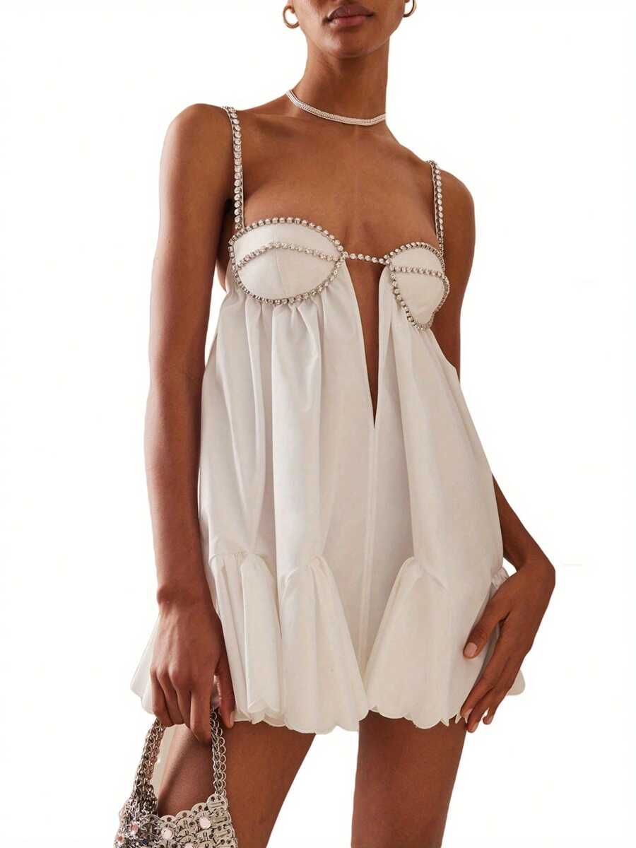 Women Loose Spaghetti Strap Dress Summer Crystal Rhinestone Cutout Cocktail Party Mini A-Line Dress For Beach Nightclub - White - View 1
