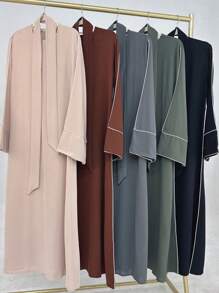 Vestidos sólidos modestos de moda primavera 2025, ropa islámica con mangas abullonadas, abayas de muselina para mujeres musulmanas, batas abayas cerradas - Café integral - Ver 5