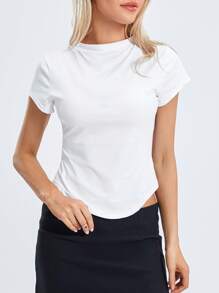Women Short Sleeve Crop T-Shirts Diamond Hem Summer Solid Color Basic Pullover Tops For Party Streetwear - White - View 4