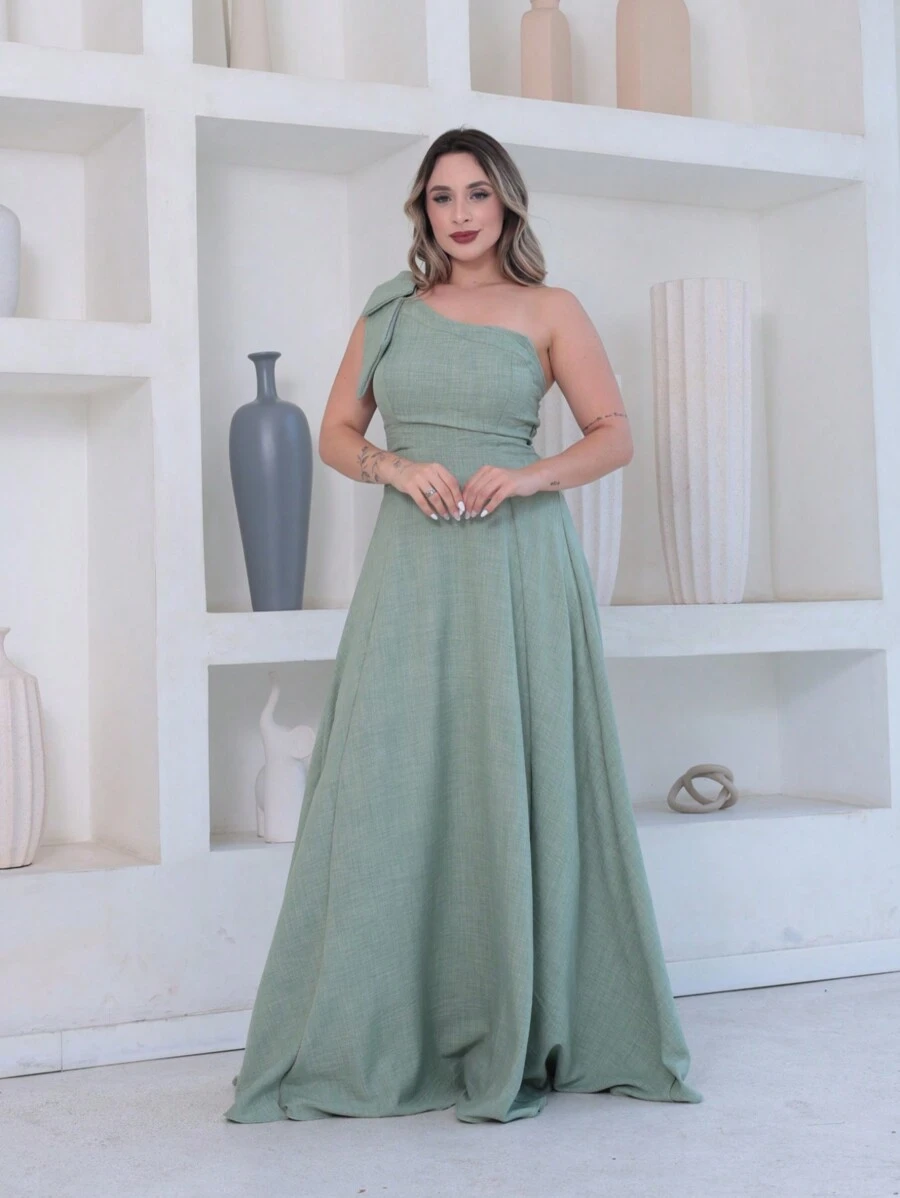 Victoria Long Luxury Dress Plain Duna Linen With Bow One Shoulder - Mint Green - View 1