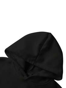 2Pcs Womens Spring Fall Sportswear Solid Color Hooded Long Sleeves Sweatshirt Drawstring Slacks Set Streetwear - Negro - Ver 3