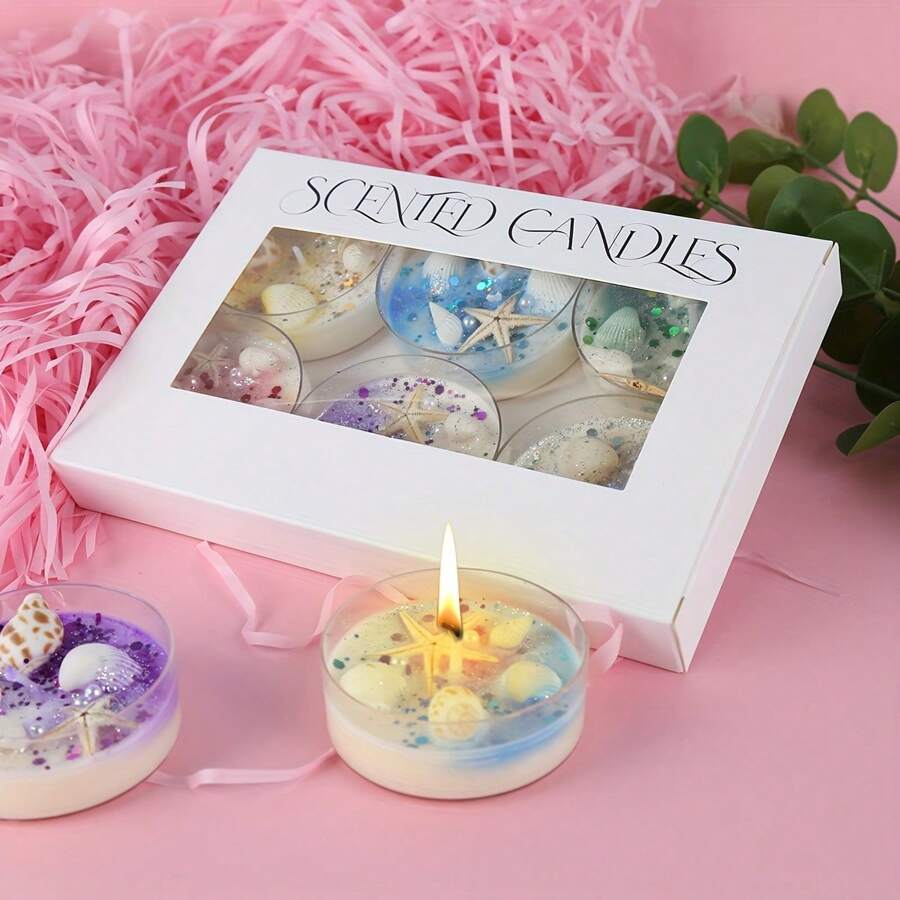 6pcs/Set Shell-Themed Scented Candle Gift Set With Pearl & Glitter Accents - 6 Unique Scents For Romantic Ambiance, Perfect For Valentine's Day & Graduation Gifts Candles With Crystal & Ocean Shell Decor Aromatic Jar Candles Handcrafted