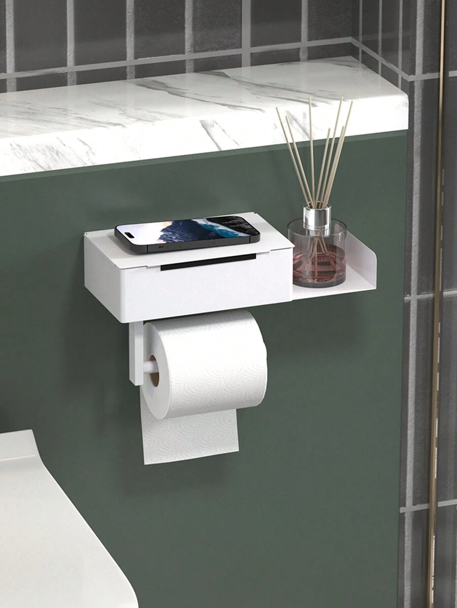 1个卫生纸架 - 带湿巾盒和储物架，自粘式壁挂浴室收纳架，卫生纸卷架，完美收纳卫生湿巾，白色/黑色浴室配件/浴室工具 - 彩色 - 查看 1