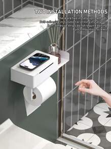 1个卫生纸架 - 带湿巾盒和储物架，自粘式壁挂浴室收纳架，卫生纸卷架，完美收纳卫生湿巾，白色/黑色浴室配件/浴室工具 - 彩色 - 查看 7