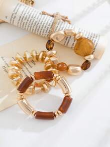 Pulseira de contas de acrílico marrom multicamadas vintage 3 peças, pulseira de chip de ouro texturizada de superfície fosca, adequada para mulheres, casais, festas e uso diário