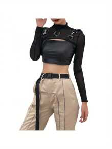 Women Mesh Blouse, Long Sleeve High Neck See Through Blouse For Summer And Spring - 黑色 - 查看 1
