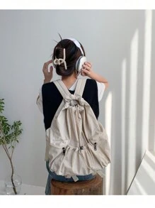Korean Style Versatile, Simple And Versatile Drawstring Nylon Backpack - Beige - View 4