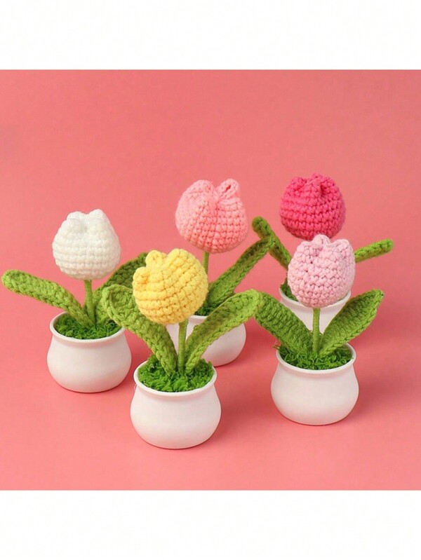 1Pc, Finished Hand-Knitted Forget-Me-Not Potted Plants Home Decorations Knitted Simulated Flower Wool Crochet Sunflower Bouquet Gifts, Hand-Made DIY Hand-Crochet Wool Simulated Tulip Small Potted Plants, Desktop, Car, Office Ornaments, Small Gifts