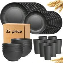 Christmas 32pcs Wheat Straw Plastic Tableware Set, Serves 8 People, Includes Plates, Dessert Plates, Cereal Bowls, Cups, Unbreakable Colorful Plastic Outdoor Camping Dinnerware, Blackhome Decor Gift For New Year - Black - View 12