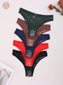 5 pezzi/confezione Slip bikini senza cuciture in pizzo a vita bassa elasticizzata per donna