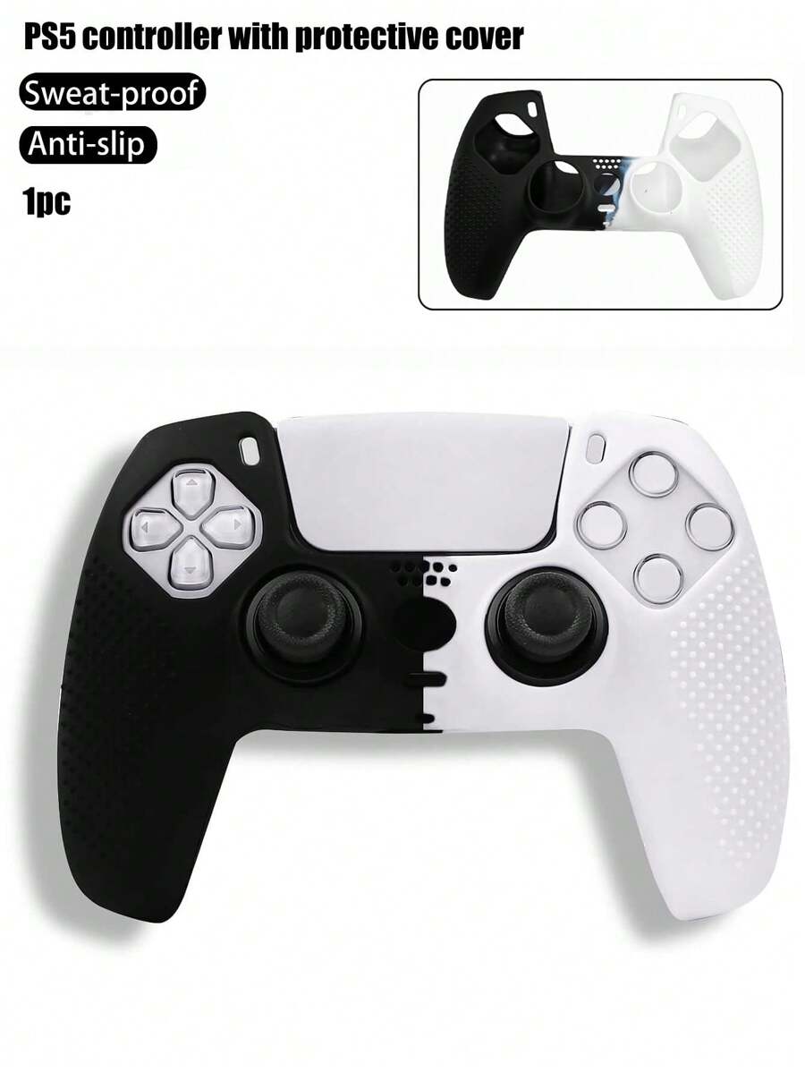 PS5 控制器硅胶保护壳，防汗防滑设计，不对称黑白染色图案 - 黑與白 - 查看 1
