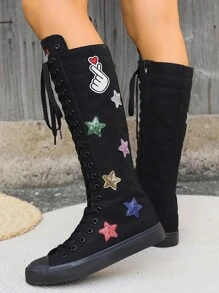 Zapatillas altas de lona para mujer con estilo punk, planas, sexy, de caña alta, de puntera redonda, con cordones y cremallera, adecuadas para todas las estaciones, Navidad, Año Nuevo, Halloween